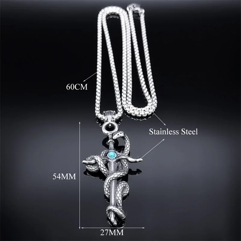 Retro Snake Sword Dagger Charm Pendant Necklace for Men Stainless Steel Gothic Antique Animal Necklaces Rock Punk Jewelry Gifts