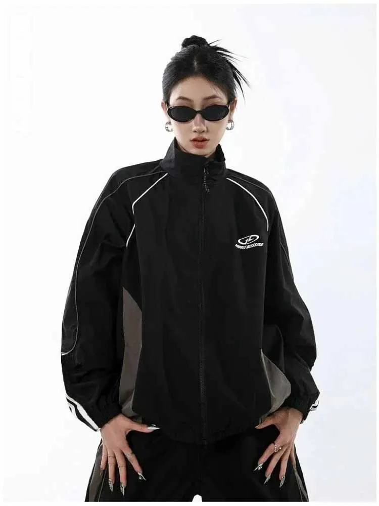 

American Vintage Jacket Women Patchwork Harajuku Street Bomber Outwear Zip Up College Black Outwear Y2k Grunge Casual Top Female
