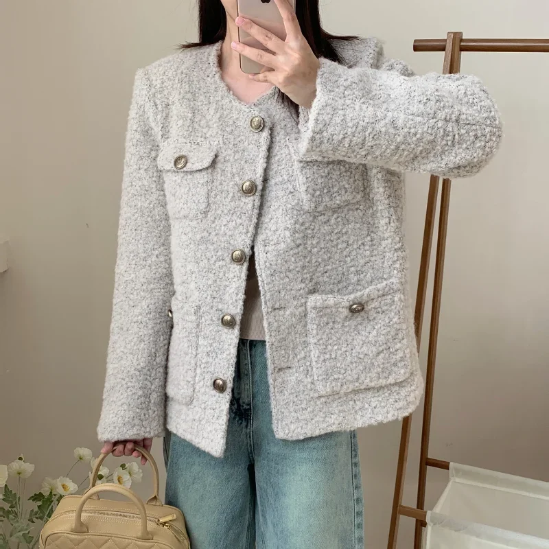 

French Small Fragrant Tweed Quilted Coat Women's Autumn Winter High Quality Loose Casual Round Neck Basic Korean Elegant Jacket