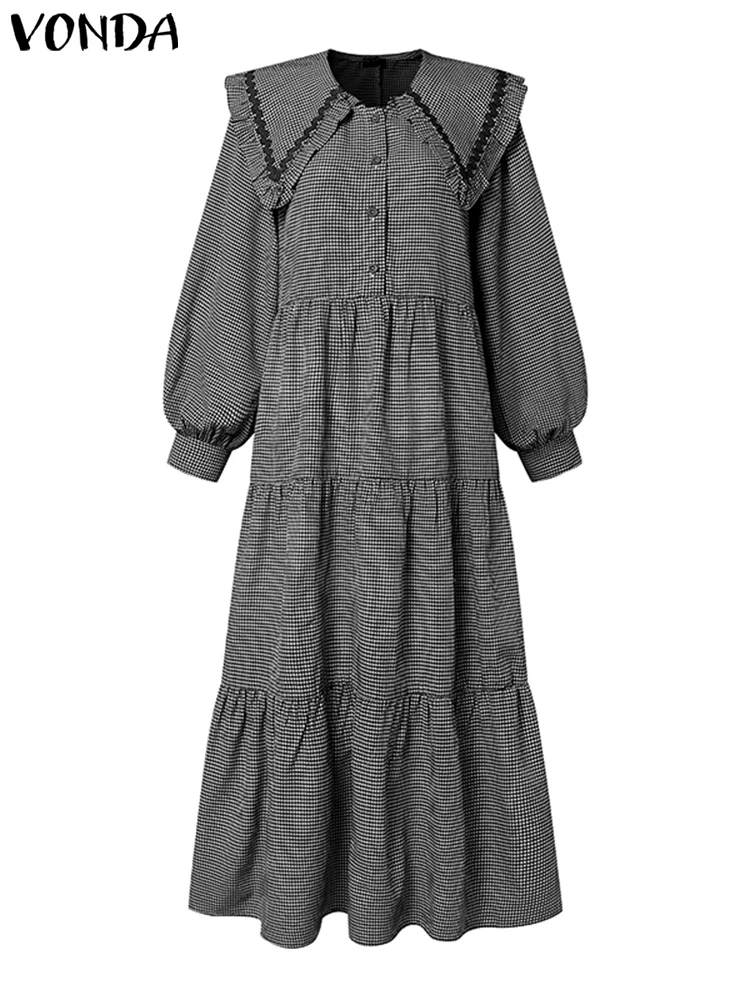 2023 VONDA Frauen Herbst Plaid Kleid Peter Pan Kragen Rüschen Maxi Lange Vestidos Mode Tasten Kausalen Lose Party Plissee Robe