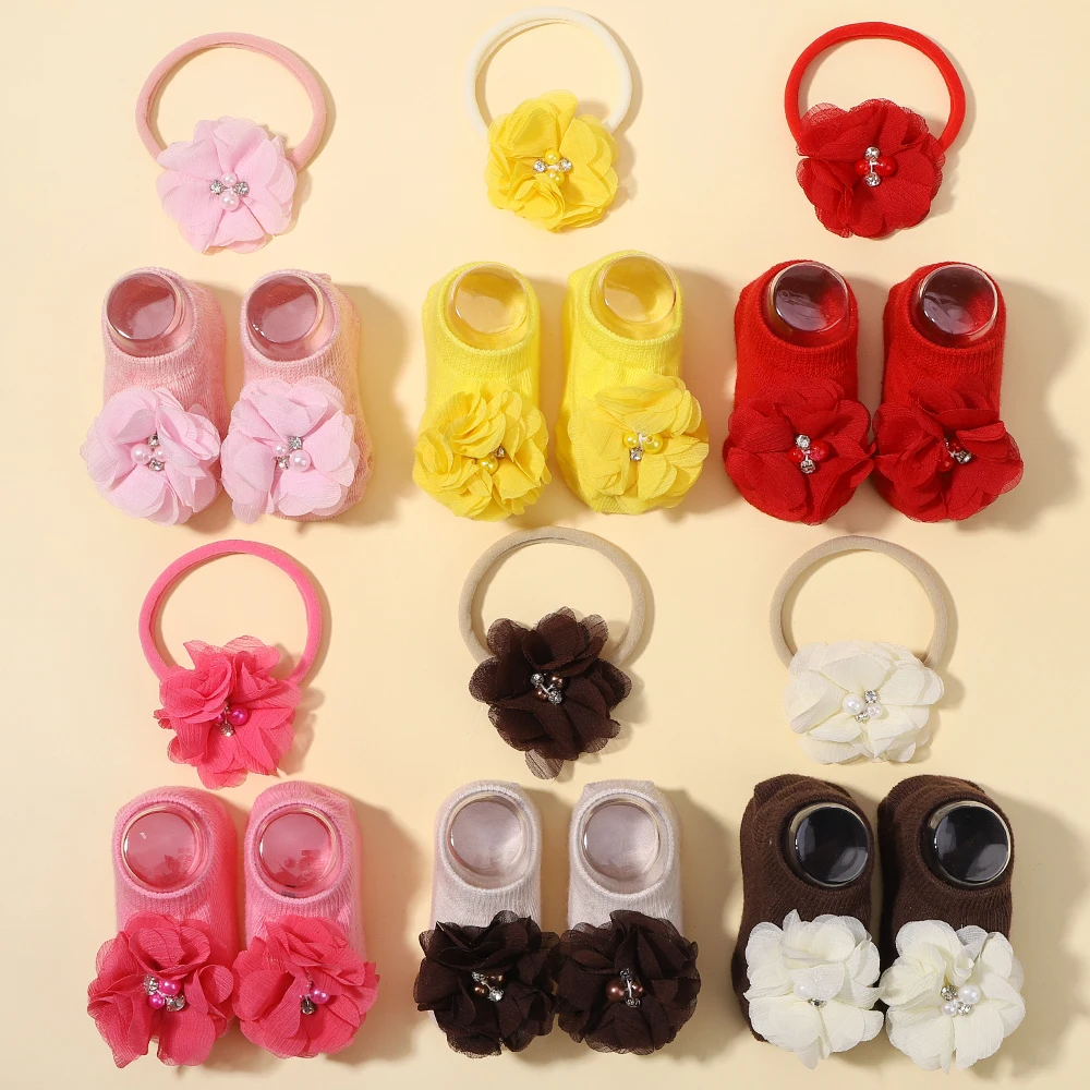 

3Pcs/Set Pure Cotton Baby Headband Non Slip Socks Set Hundred Days Newborn Flower Turban Handmade Children Hair Photo Props