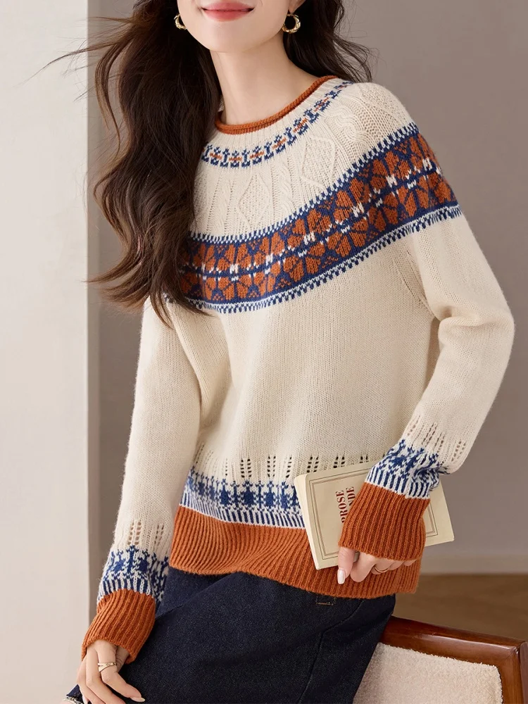 Birdtree, 100% schapenwol gebreide trui, dames retro jacquard warmte tops, o-hals volledige mouw, 2025 herfst/winter trui T5N304JF