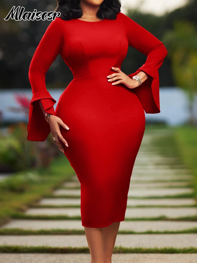 

Mlaiscsr Elegant Office Long Flare Sleeves O Neck Red Mid Dresses Woman Evning Party Birthday Gowns Bodycon Festival Vestidos