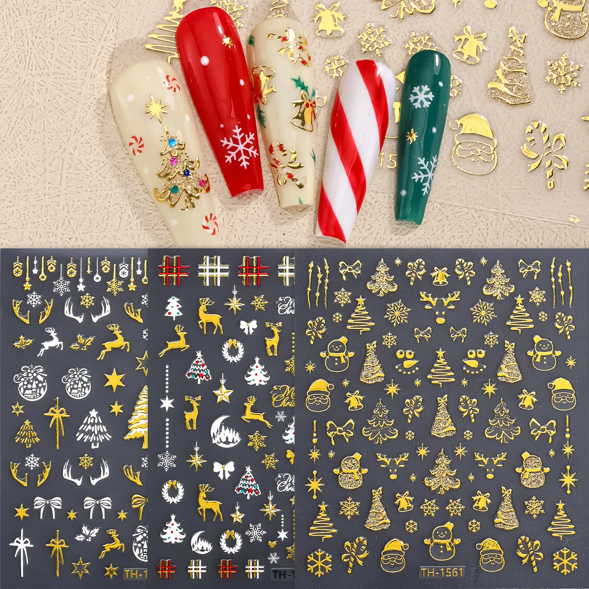 Autocollant de noël pour Nail Art, 3 pièces, flocon de neige doré, père noël, élan, bonhomme de neige, étoile, autocollant pour décoration de manucure à faire soi-même