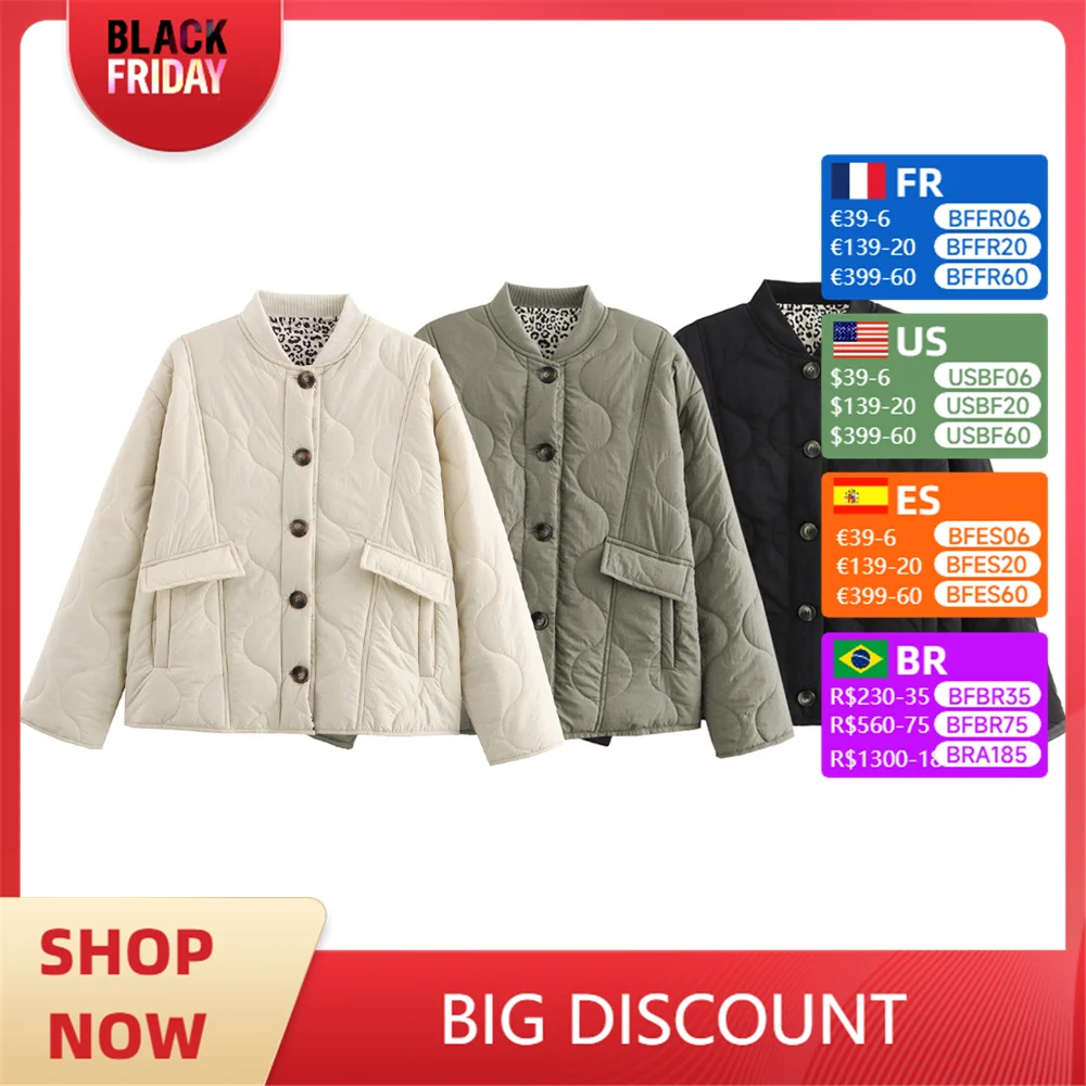 ZARF2024 autumn and winter new women's long-sleeved stand-up collar single-row multi-button quilted leopard print cotton jacket