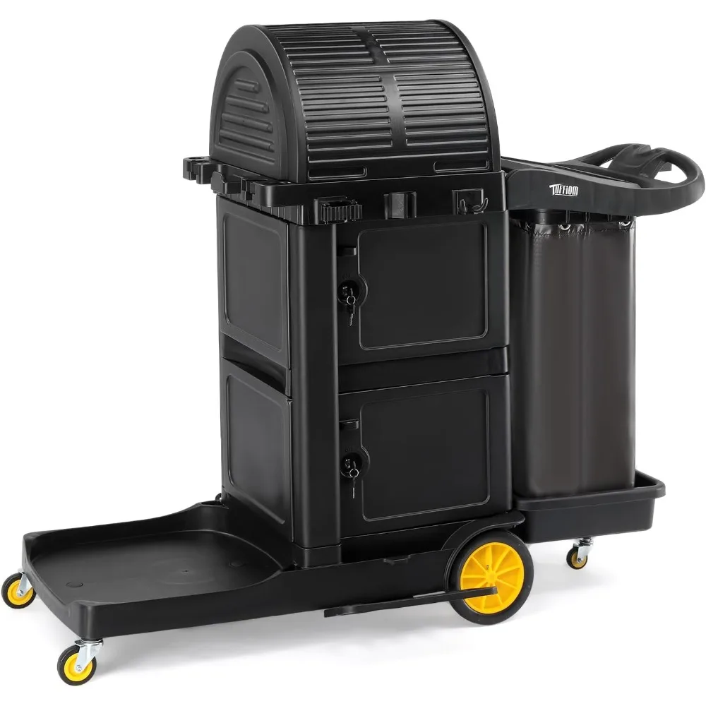 Chariot de ménage avec armoire à verrouillage à clé, chariot de nettoyage commercial à 3 étagères avec roulettes, caddie de ménage avec casier