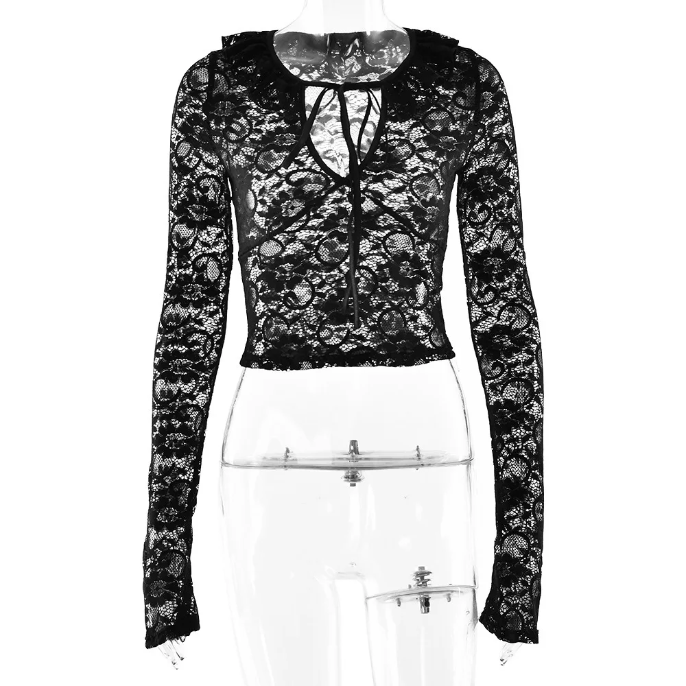 아프라반트 여성 2025 가을 레이스 홀로우 아웃 시어 롱 슬리브 탑 섹시 플레어 슬림 핏 블라우스 트렌디 스트리트웨어 패션 의상