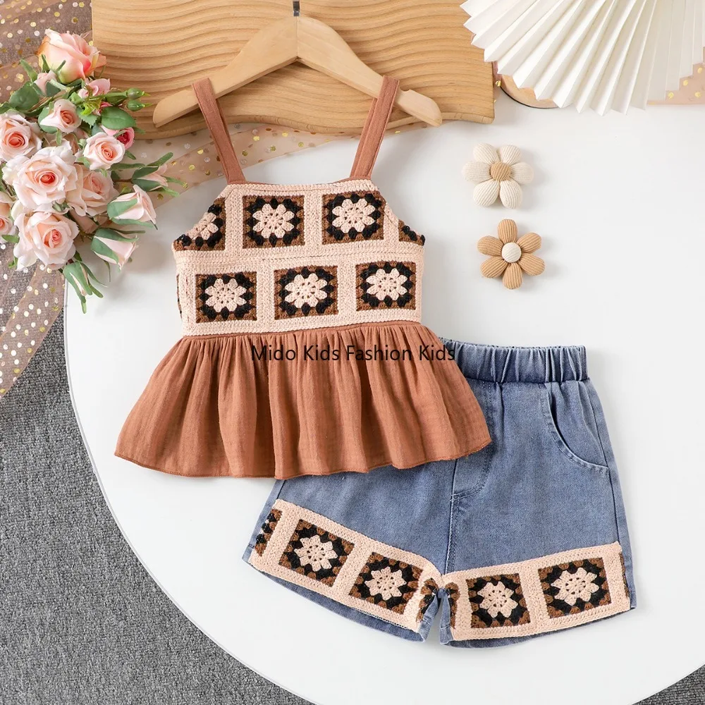 New 2026 Spring Summer Kids Girls Sweet Vintage Floral Chocolate Brown Cami Top Denim Shorts 2 Piece Set for 2-7Y