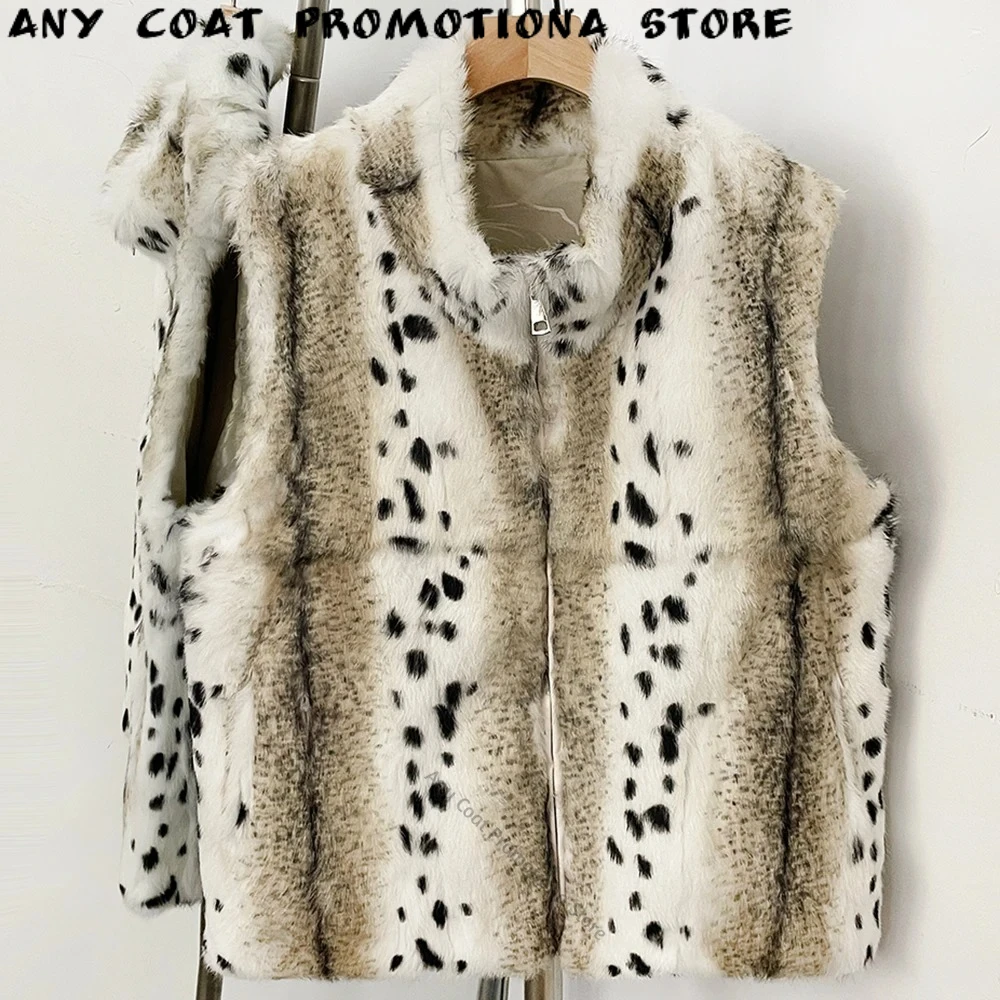 Women's Real Rabbit Fur Stand Collar Zip‑Up Sleeveless Natural Fur Waistcoat Warm Winter Outerwear for Ladies Daily Evening Wear