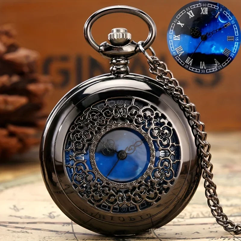 Oco Quartz Pocket Watch, Estrelado Azul Dial Pingente, Bronze, numerais romanos, Retro