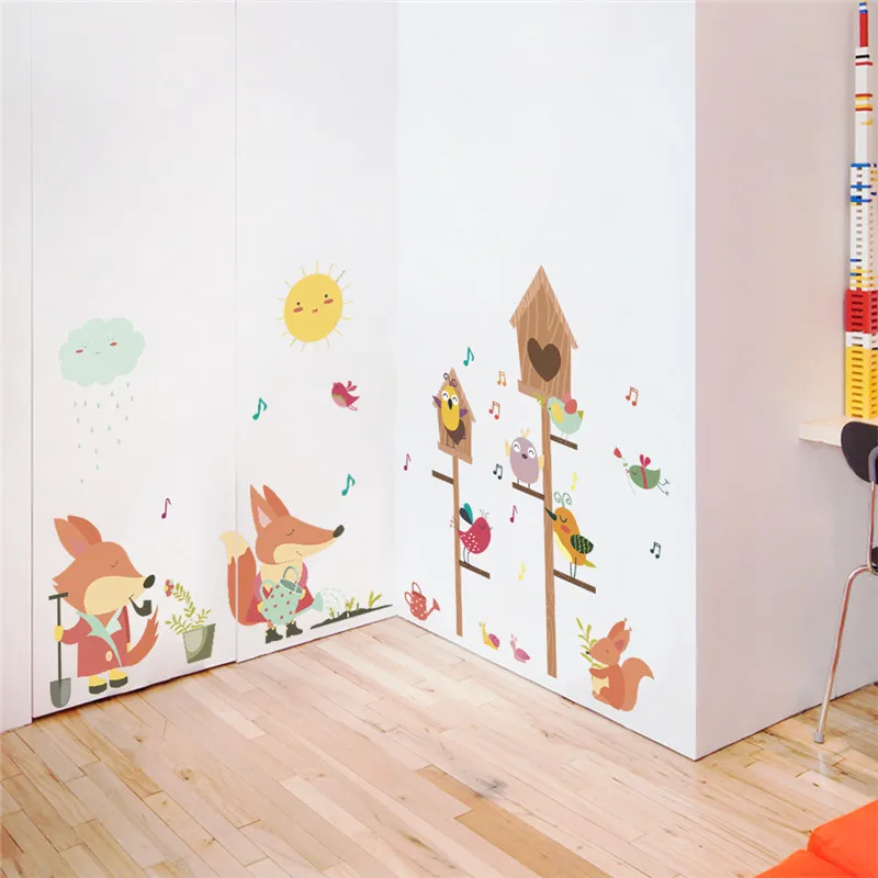 Lovely Fox Bird Working And Enjoying Music Wall Sticker For Kids Room Home Decor Diy Cartoon Safari Mural Art Pvc Wall Decals