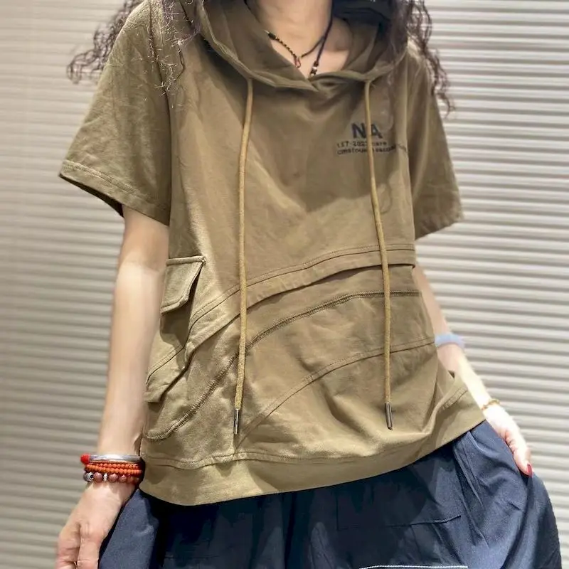 Fashion Design T Shirt Women Casual Loose Hooded T-shirt Solid Color Patchwork Drawstring Short Sleeve Hoodie Summer Thin Tshirt