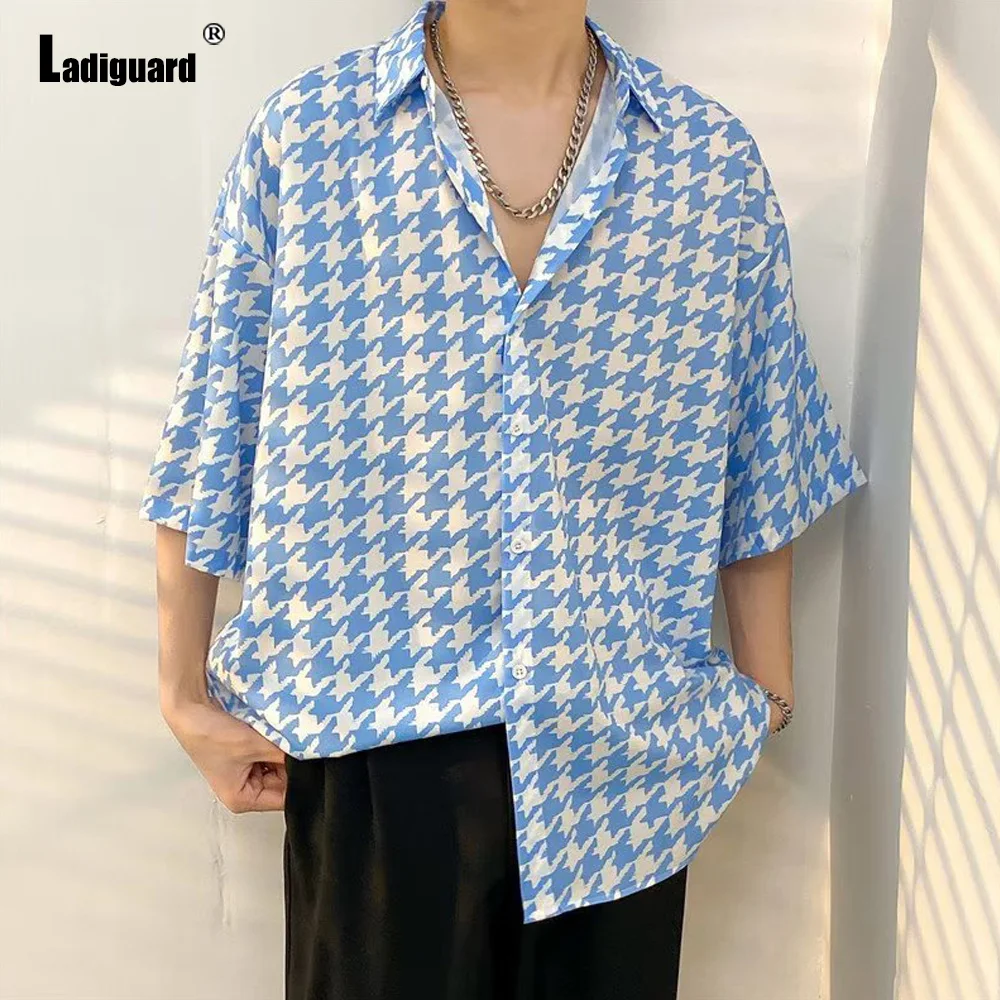 Ladiguard 2024 Mens Short Sleeve Casual Loose Blouse Korean Fashion Houndstooth Print Shirts Masculina Camisa Top blusas Hommes