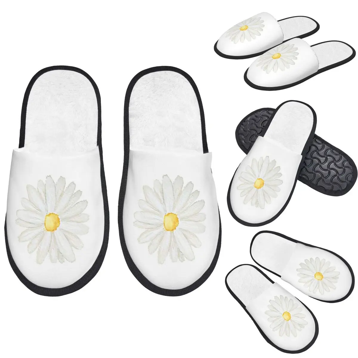 

Custom Hand Painted One Little White Daisy Watercolor Slippers Memory Foam Warm Soft Women House Slipper Bedroom Cozy Shoes