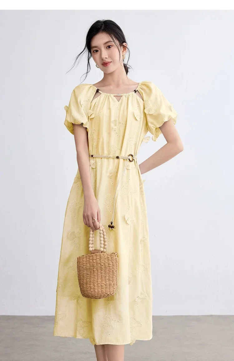 SENTUBILA Damen Midi-Kleid mit Puffärmeln, Aushöhlungen und 3D-Schmetterlingsstickerei, Sommer 2026, feminines Damenkleid 152LO3363 – Detail 21