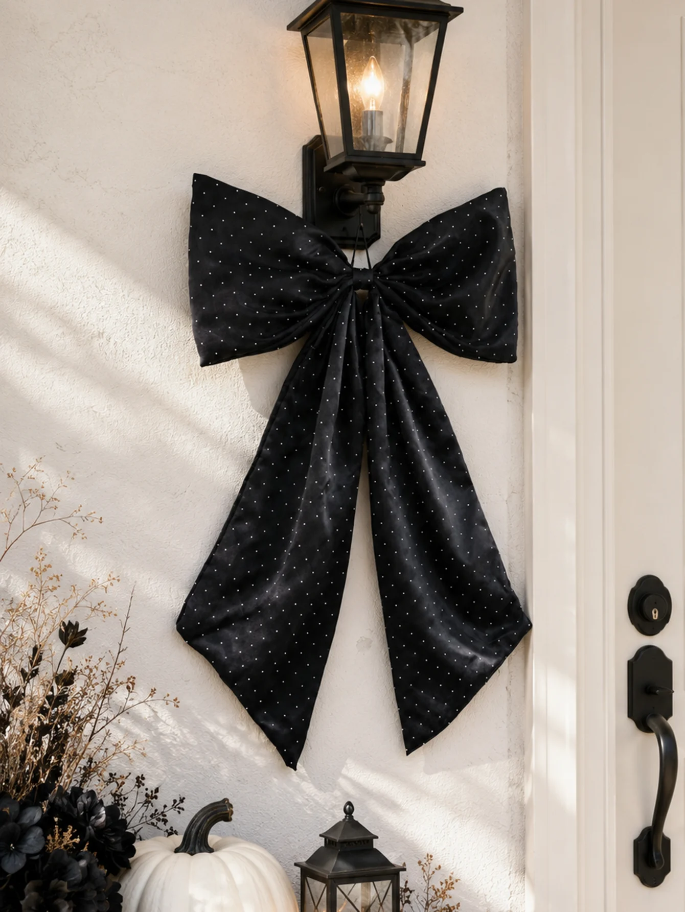 Black Polka‑Dot Large Bow Door Hanger Spooky Gothic Wall Hanging Vintage Halloween Front Door Bow Decor for Porch Indoor Home
