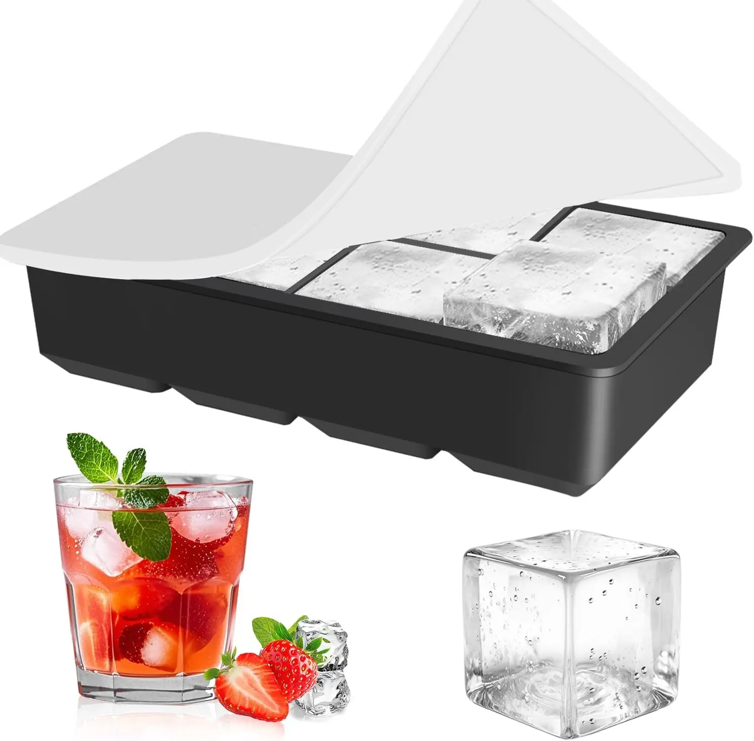 

Ice Cube Tray with Lid, Make 2' Big Square, Large Whiskey Ice Cube Mold, Ice Cubes Mold for Cocktails & Wine, Soup