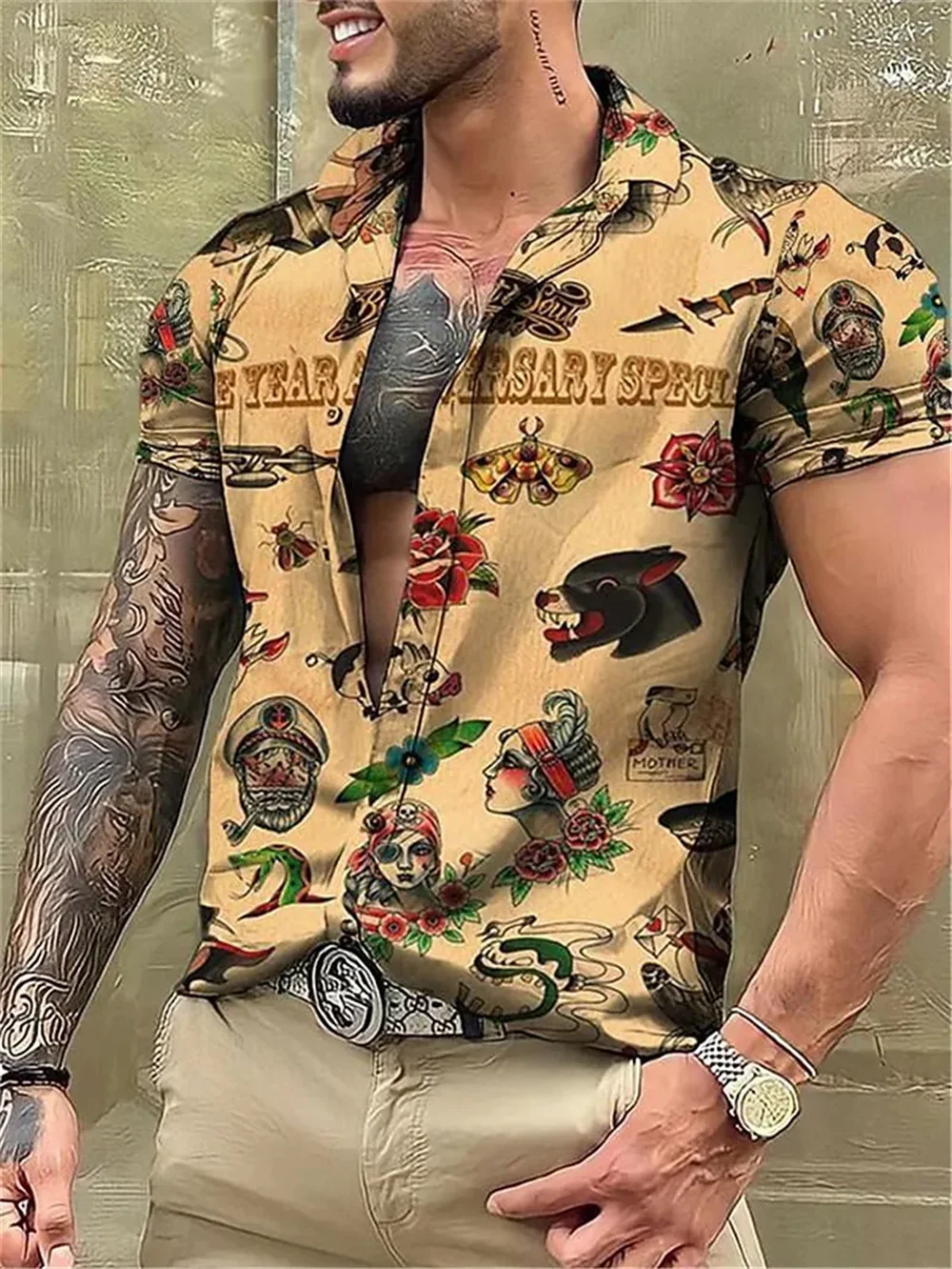 Designer Casual Men\'s Short Sleeved Male Hawaii Shirt Vintage Western 3D Print Retro Casuais Camisas Blouse Men Clothing Cadiz