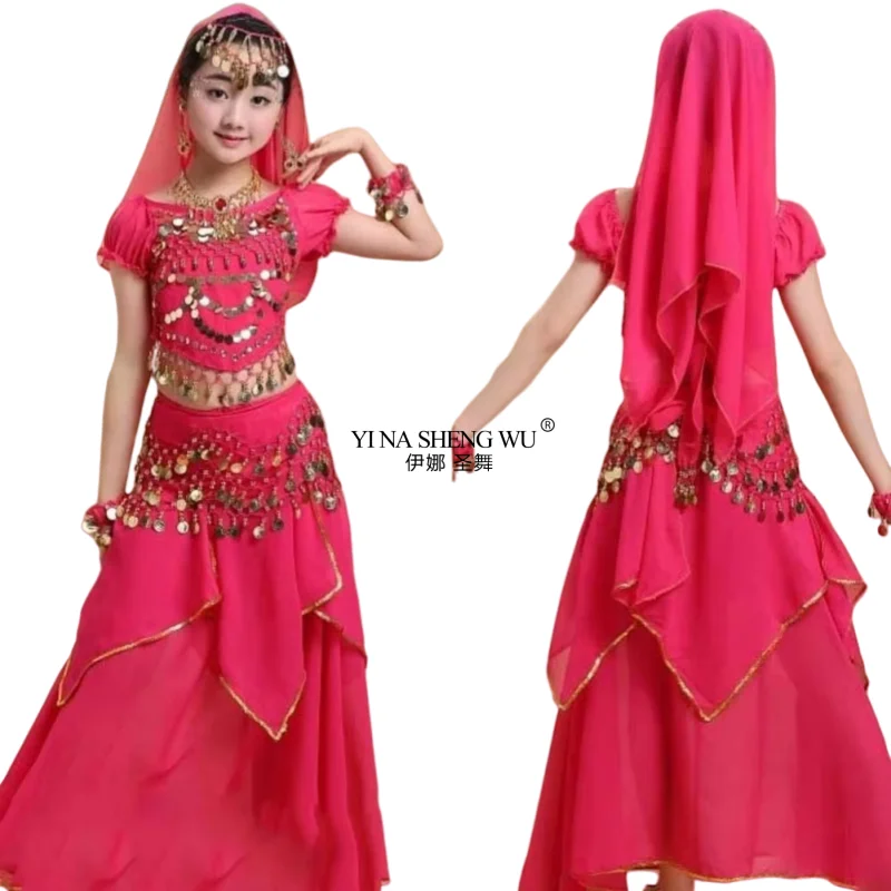 مجموعة أزياء الرقص لغطاء الرأس، فستان الأميرة الملون، أزياء الرقص الشرقي، تصميم الأزياء المتألقة، ملابس الفتيات الهندية للأطفال #5