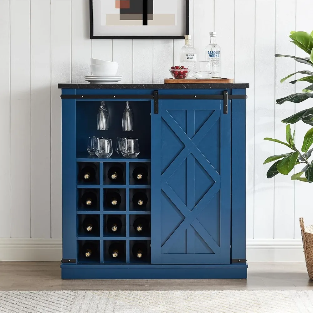 

37-дюймовый винный шкаф с 1 раздвижной дверью для сарая, открытым стеклом и винной полкой, 3 полками для хранения, столешница с мраморным узором, кухня