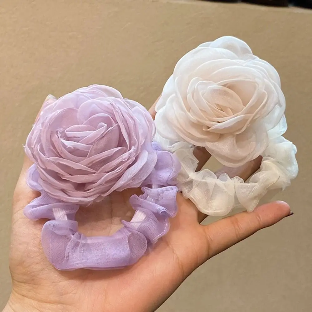 Camellia Flower Mesh Flower Hair Band Fashion Ponytail Holder Hair Tie Rose Hair Rope Hair Ring French Elastic Hair Band Travel