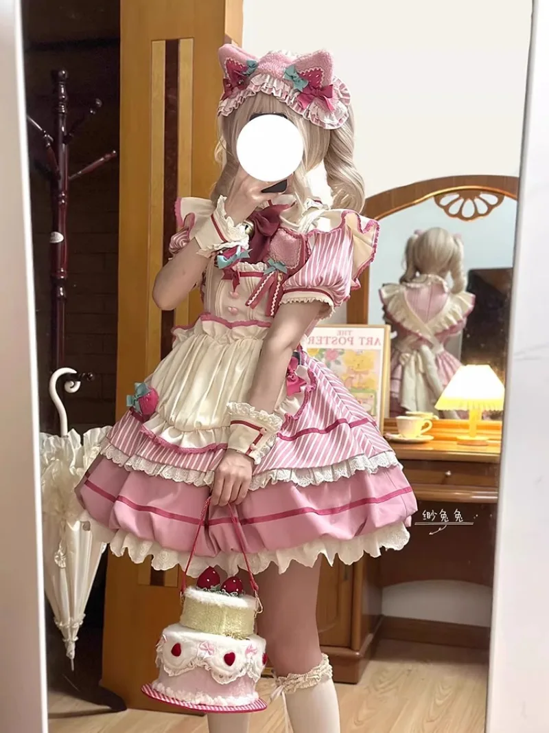 2025 novo verão japonês lolita lapela arco rosa e branco cor combinando cintura avental fino vestido para mulher