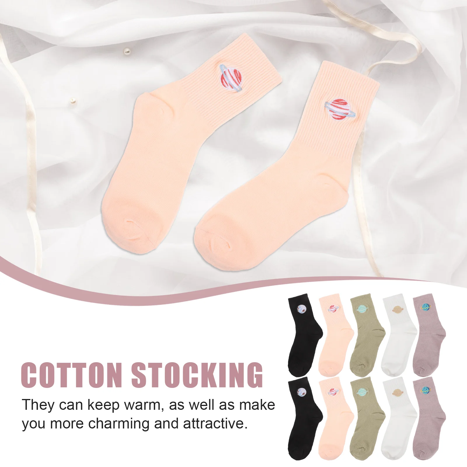 5 Pairs Socks Ladies Planet Mid-tube Embroidery Pattern Ankle Ordinary Cotton Stockings Green Adults Lovers Miss