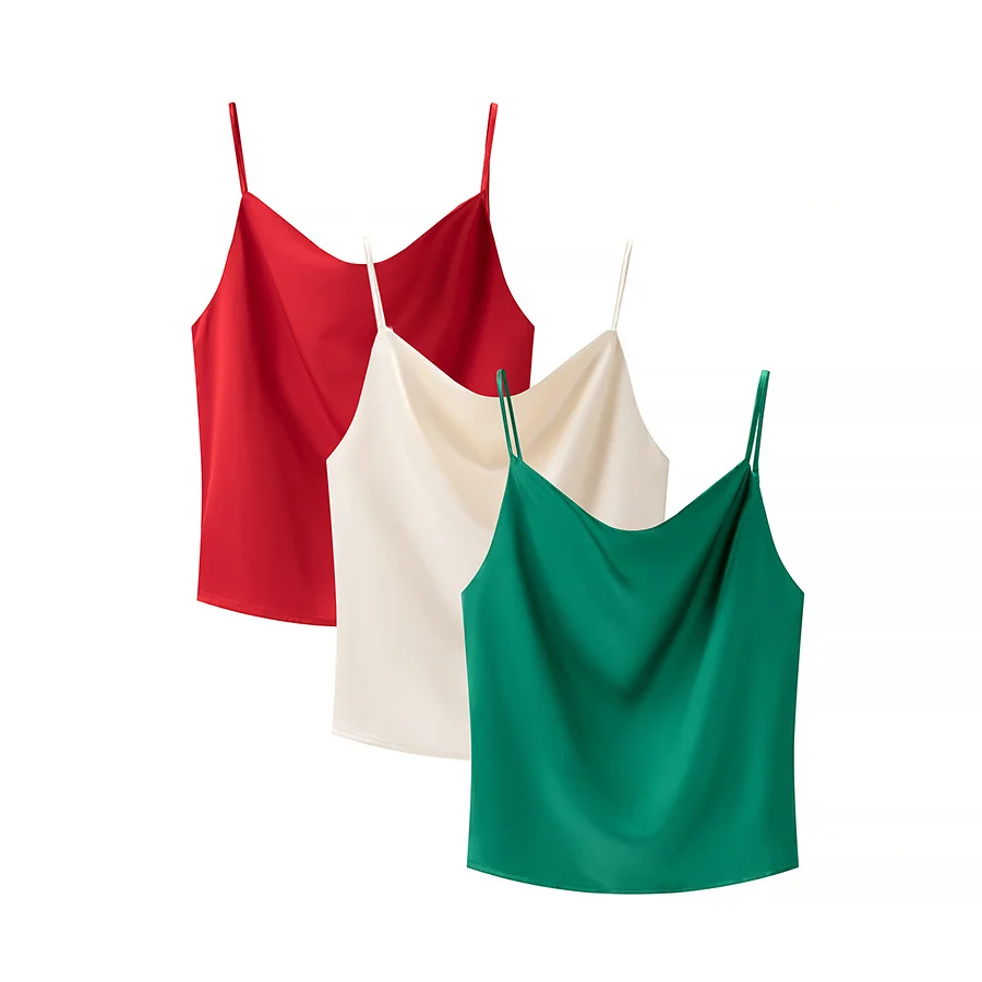 JNLEAOG Spring New Women's Faion Design Silk Satin Strap Vest Svel V-ne Casual Fairy Skirt Sle Thin Polyester