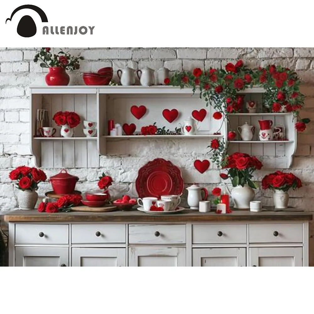 Allenjoy Valentine's Day Kitchen Photography Backdrop Red Heart Decor with Rose Photoshoot Background