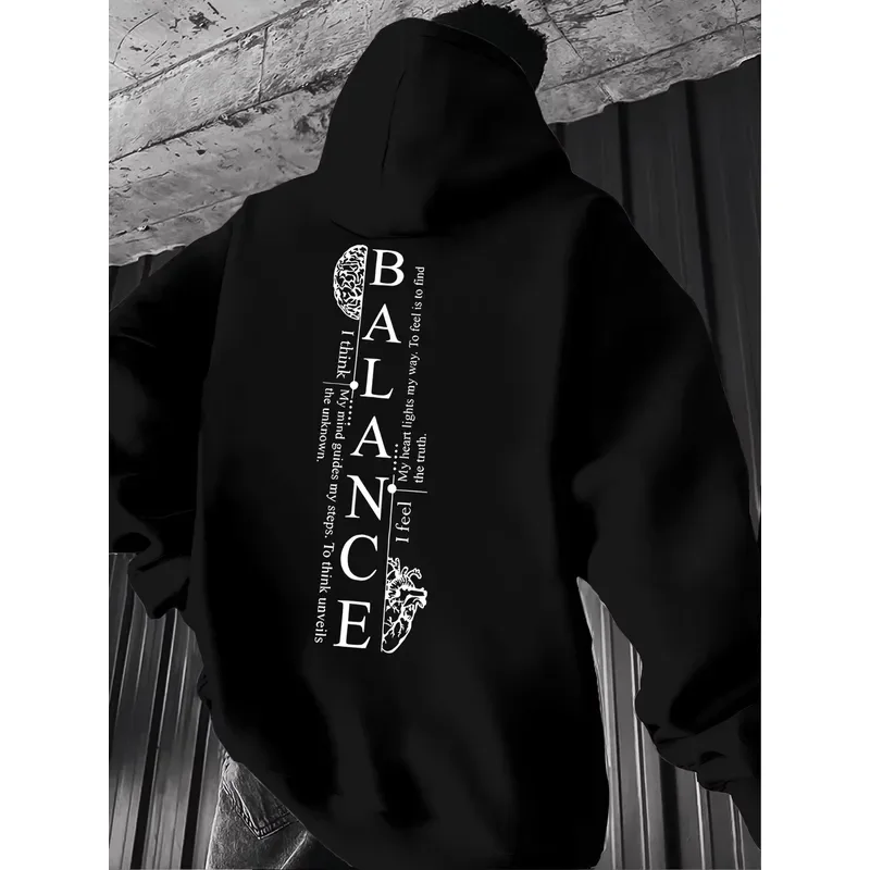 New Hoodie Men Balance Brain & Heart Vertical Text Print Pullover Sweatshirt Casual Street Style Autumn Winter Hooded Sweat