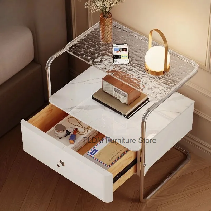 Texture Double Frame Layer Cabinet Side Marble Table Drawer Transparent Metal Upper Panel Bedroom Nightstand Storage Rack