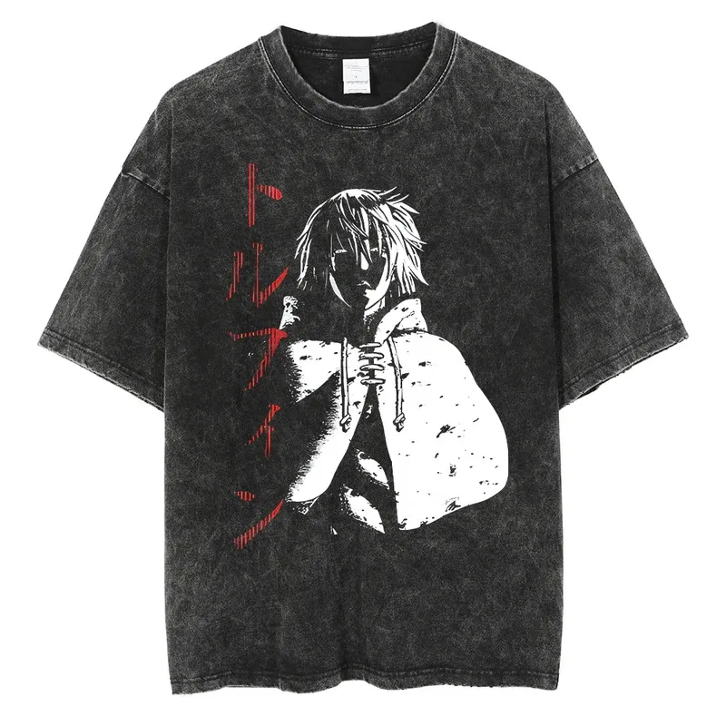 

Japanese Anime Pattern Printed Retro Washed T-Shirt Men Oversized Loose Cotton Round Neck Short Sleeved Women Casual Street Wear