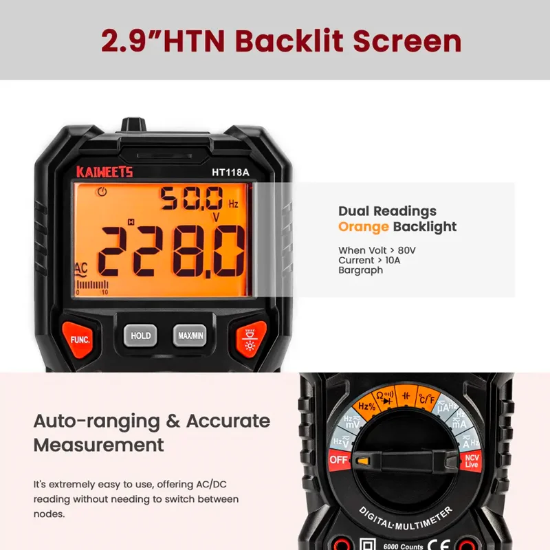 KAIWEETS HT118A Digitális multimeter ture RMS automat Jelentőség multimetro 1000V 10A Váltóáram Egyenáram Ohm hz NCV Egyenes adás feszültség Hőfok Időmértékes verselés