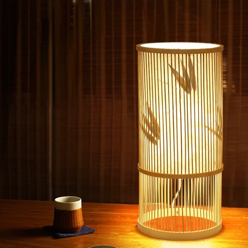 New Chinese Tea Room Bamboo Woven Table Lamp Decoration Study Night Lamp Bedroom Adjustable Light Warm Zen Bedside Decoration