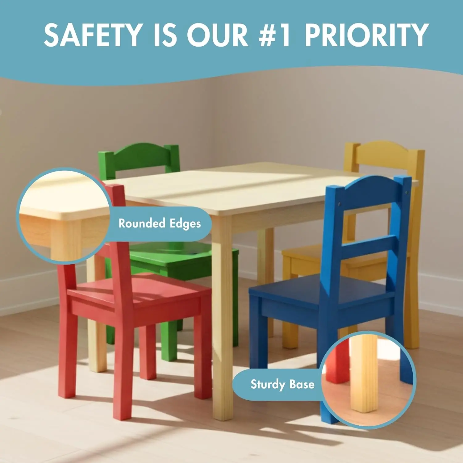 Kids Wooden Table and 4 Chairs Set for Toddlers, Natural/Primary - Sturdy Activity Table for Arts, Crafts, Snack Time