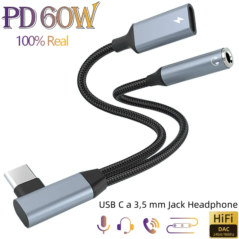 Otg 2 em 1 tipo cotovelo usb c para 3.5mm jack aux adaptador de fone de ouvido de áudio carregador rápido 60w para samsung iphone15 huawei xiaomi tablet