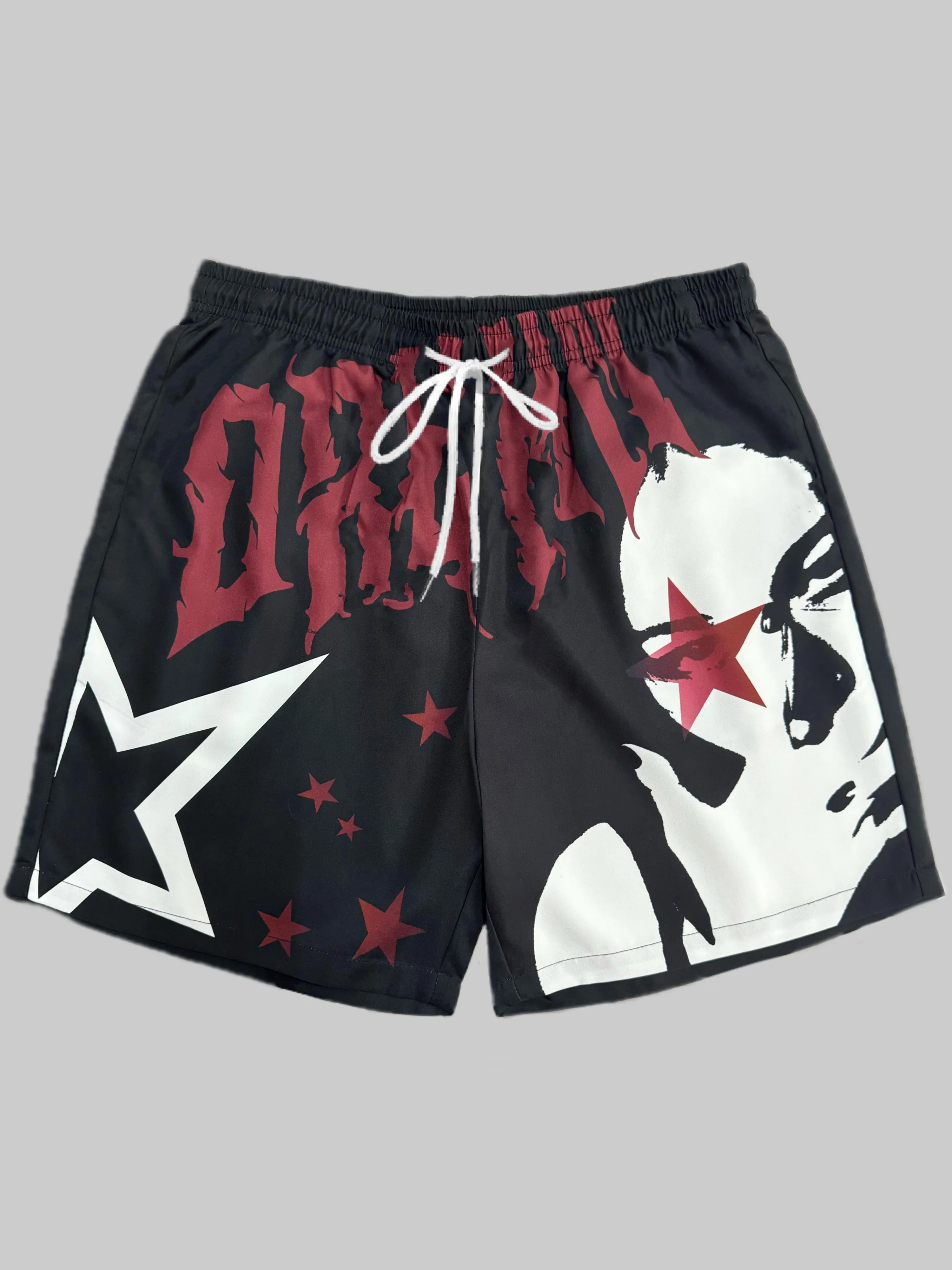 Retro Portrait Pentagram Printed Shorts, American Street Drawstring Casual Sports, Summer Trendy Brand Beach Shorts