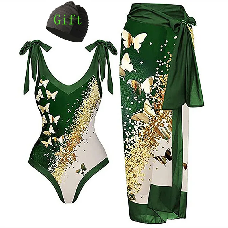 

New sexy one-piece swimsuit women's European and American bikini V-neck matching color butterfly print two-piece swimsuit