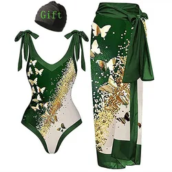 New sexy one-piece swimsuit women's European and American bikini V-neck matching color butterfly print two-piece swimsuit