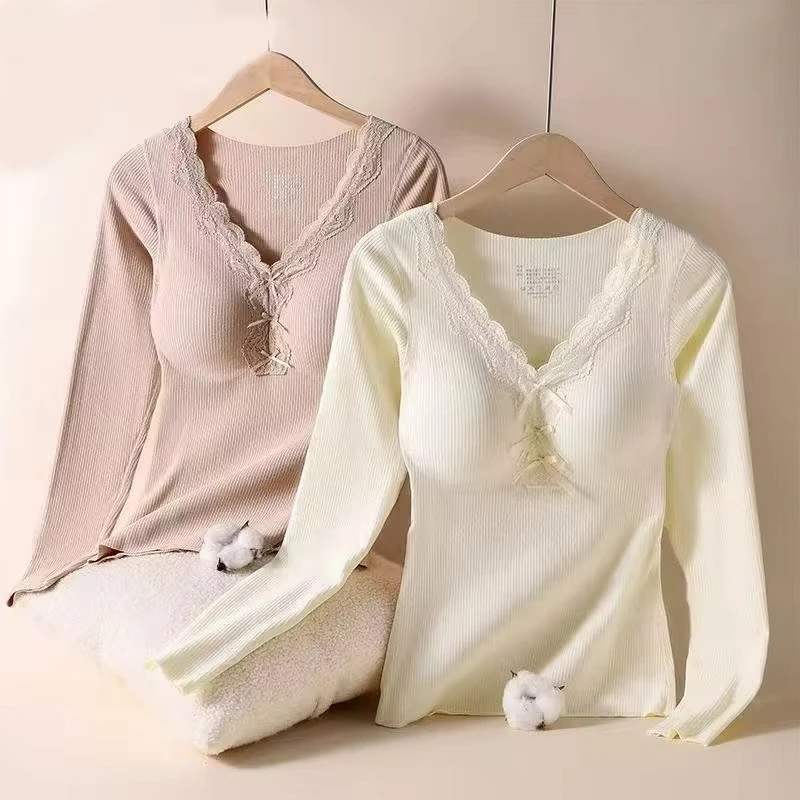LaceVCollared bow tie thermal long-sleeve thermal underwear with chest pads and seamless design