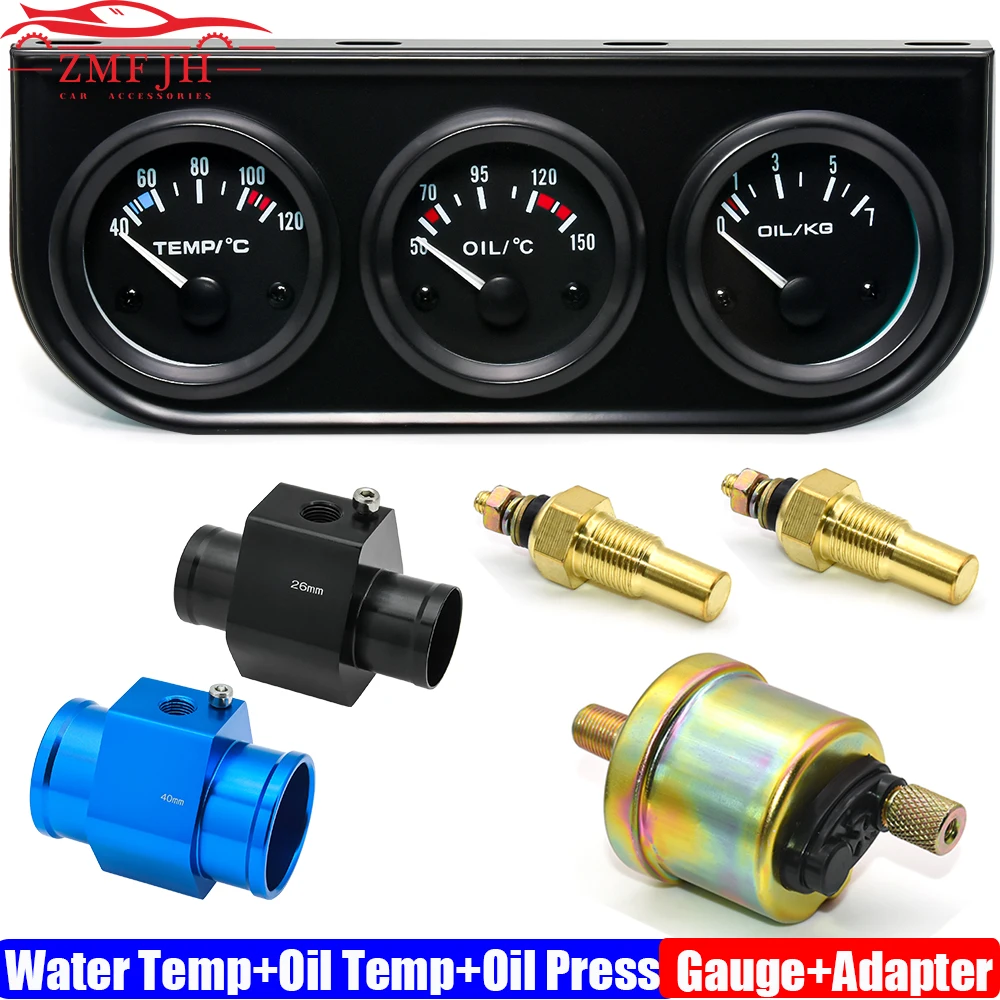 

3IN1 Water Temperature Meter+Oil Temp Gauge+Oil Pressure Gauge with Radiator Hose Adapter 26MM-40MM Car Triple Meter Kits 12V