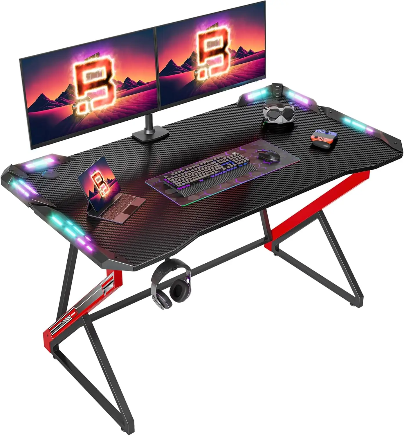 Z Shaped Computer Desk, Gamer Workstation, Gaming Table com Superfície De Fibra De Carbono, PC Gamer Desk, Preto, 40"