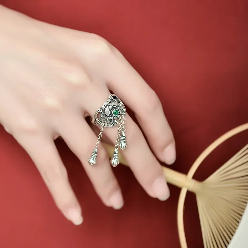 Vintage Ethnic Style Inlaid Imitation Jadeite Adjustable Rings for Women 2023 New Creative Party Vacation Jewelry Girl Gift