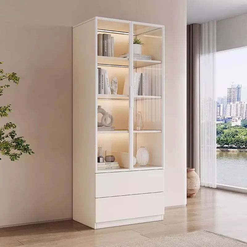 

Modern light luxury glass door storage display cabinet, solid wood ecological board bookcase, transparent door integrated househ