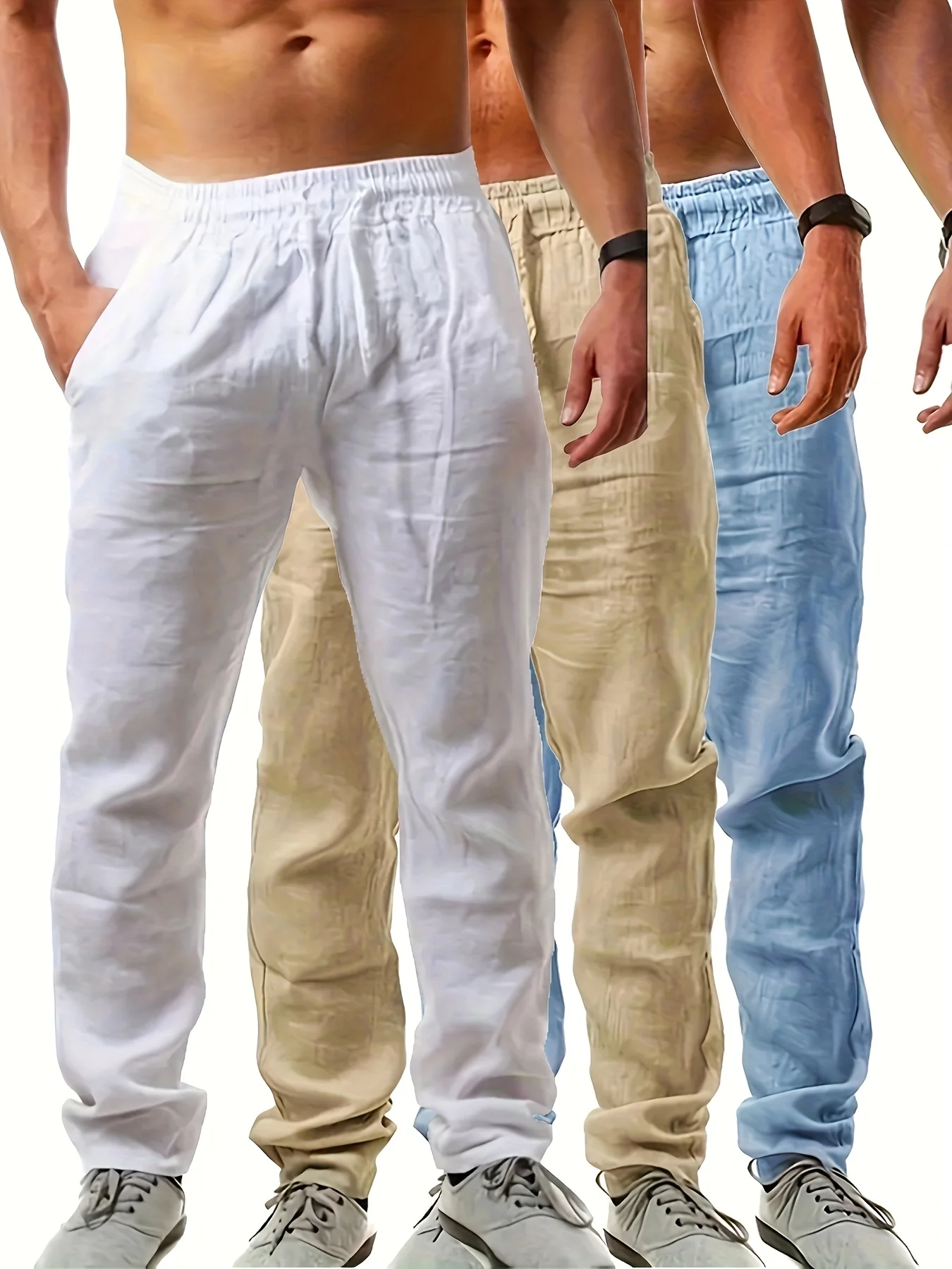 

3-Pcs Men's Linen Casual Pants Mid-Waist Loose Fit Solid Color Non-Stretch Woven Fabric Regular Length Trousers for Summer