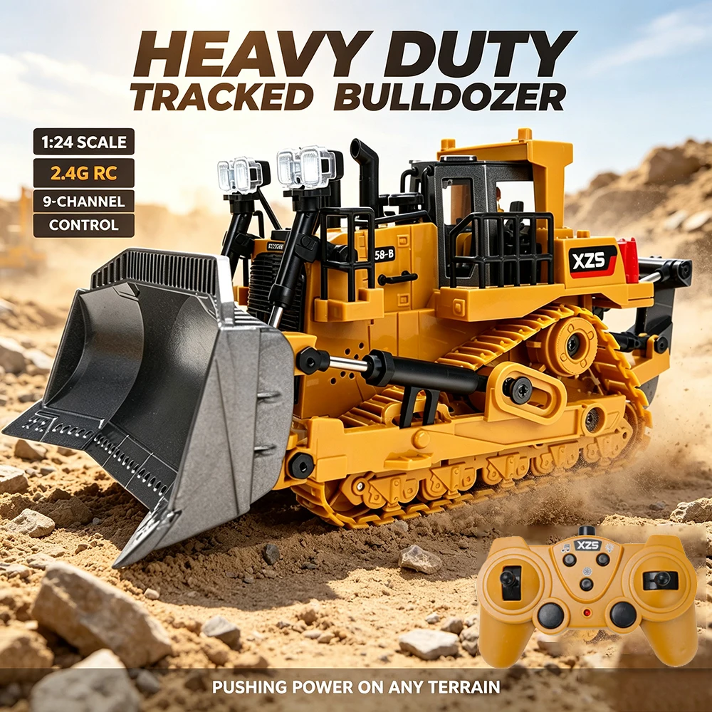 1:24 Scale 2.4G 9 Channel RC Bulldozer Toy Remote Control Heavy‑Duty Track Engineering Vehicle with Light Sound for Boys Kids