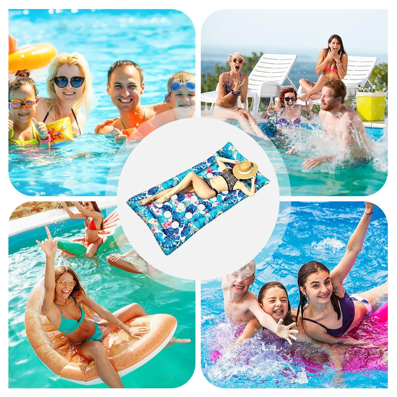

Pool Float Lounger Tropical Leaf Print Floating Bed With Headrest PVC Pool Floats Adult For Family Men Kids Tanning Water Sports