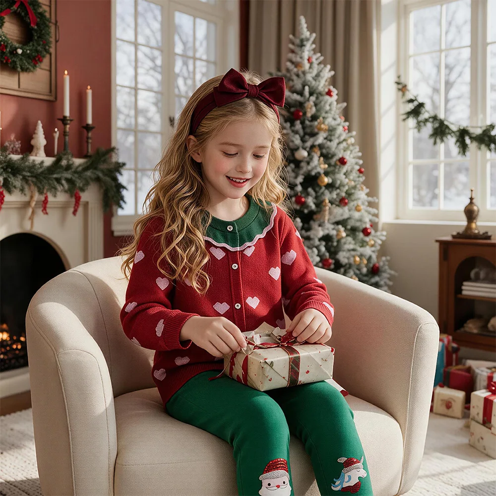 Girls Christmas Outfit Kids Heart Knit Red Cardigans Sweater with Ruffle Collar and Green Leggings Toddlers Holiday Clothes Sets