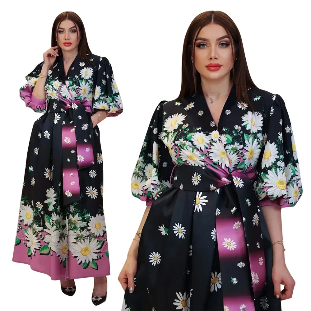 2025 Casual Elegant Retro Bohemian National Style V-neck High Waist Large Swing Printed Belted Summer Long Woman Dress Clothes