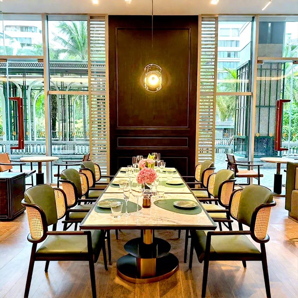 

Modern Cafe Furniture Outdoor Coffee Shop Faux Quartz Stone Table Wooden Chairs One-Stop Restaurant Set